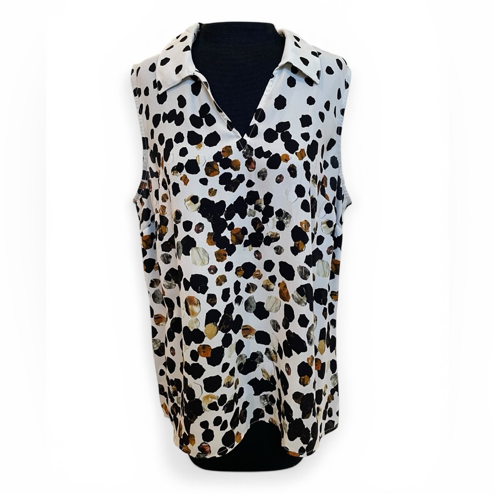 CAbi Abstract Spot Print Sleeveless Collared Blouse Top | Size L | Style #3989